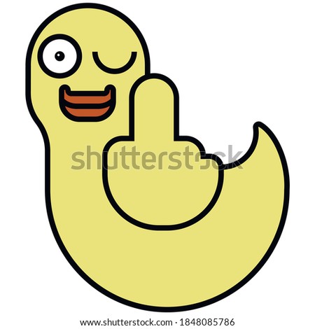 Vector image of a funny yellow duck, showing fuck by the wing on a white background. Vector illustration.