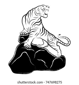 The vector image of a furious tiger on the rock. Black tattoo. Vector illustration.
