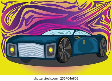 Vector image of a future car with an abstract background in yellow, pink, orange and purple.