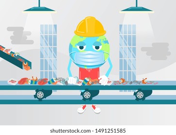 Vector image of garbage sorting plant. Ecological work. Global warming