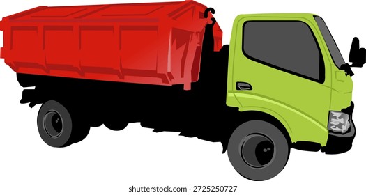 Imagen de Vector de un camión de basura con color verde y contenedor rojo aislado en blanco