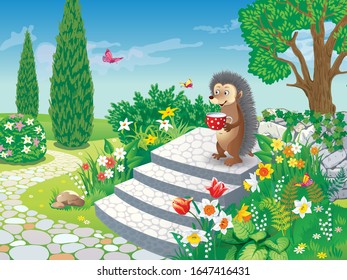 Vector image of a garden with a beautiful decorative staircase, hedgehog garden sculpture and beautiful spring flowers