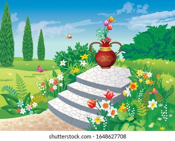 Vector image garden and beautiful decorative staircase   flower pot and spring flowers