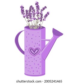 vector image of a garden watering can with a bouquet of lavender flowers on a white background