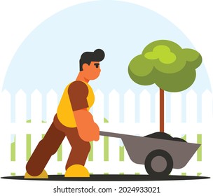 Imagen vectorial de un jardinero empujando una carretilla.


