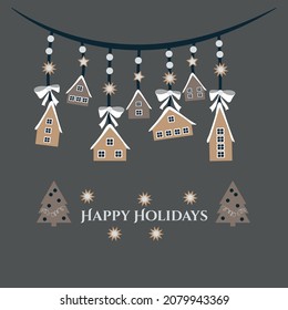 Vector image of Garland Small houses with Christmas tree and stars. Winter holiday Christmas decoration celebration.
