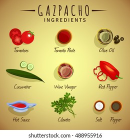 Vector image. Gazpacho. Ingredients. The view from the top.