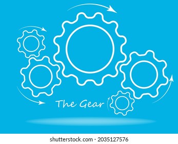 imagen vectorial de una transmisión de velocidades con flechas que indican la dirección de rotación y la inscripción "El engranaje", sobre un fondo azul
