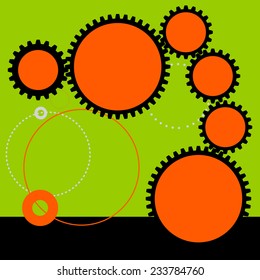 Vector image of gears different colors on green background.
