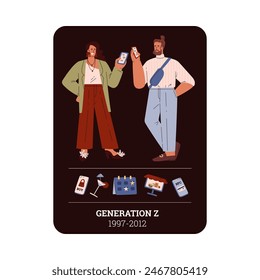 Imagen de Vector de un hombre y una mujer de la generación Z con smartphones, que refleja la juventud de 1997-2012 y la influencia de la tecnología. Diseño plano con caracteres para carteles informativos con espacio para texto.