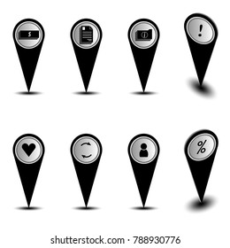 Vector image of geolocation points - finance, payment, documents, clearance, folders, heart, important places, update, help or service, discounts interest and attention