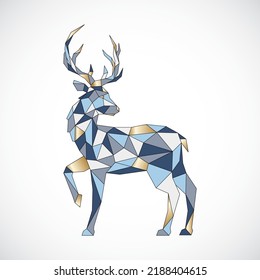 Vector image of Geometric Deer in full growth with raised front hoof. Polygonal Deer painted in Scandinavian colors. Christmas graphic element.