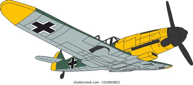 Vector image of the German Messerschmitt Bf.109 combat aircraft of the Second World War. Color image of the aircraft. Front view, the plane is taking off