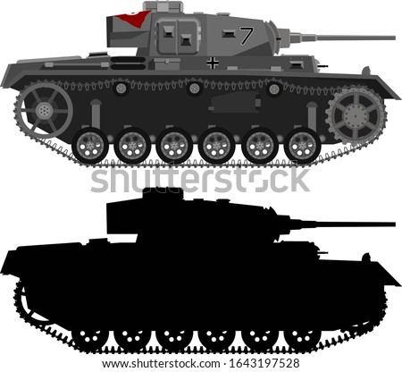 The vector image of the German tank Panzer 3. The file contains a color image and a black silhouette. Vector clean, ready to use.