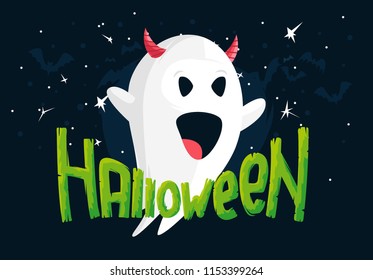 vector image of Ghost on dark background with bats and stars, green Halloween lettering