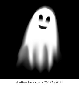 Vector image of a ghost transparent on a black background. Can be used for design as an element for Halloween. Funny ghost with a smile on a black background, single simple element