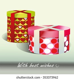 Vector image of gifts on white background with congratulatory text. Volume packaging with red hearts and circles