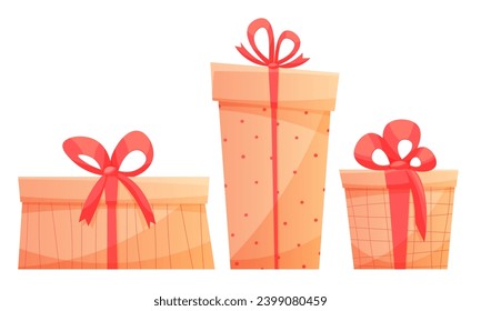 Vector image of gifts in pink delicate color, for Valentine's Day, birthday. Gift, surprise boxes of different sizes and shapes on a white background