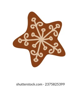 Vector image of a gingerbread star cookie decorated with white icing. Christmas symbol, simple style cookies, top view