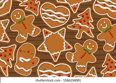 Vector image of gingerbread Wallpaper for Christmas. Gingerbread man, heart, star, Christmas tree and more. Vector image.