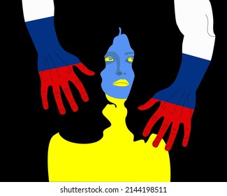 Vector image, a ginseng in the yellow and blue colors of the Ukrainian flag, is threatened by hands in the colors of the flag of the Russian Federation.