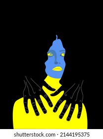 
Vector image, ginseng in the yellow-blue colors of the Ukrainian flag, surrounded by dark unfriendly hands.