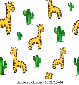 Vector image of a giraffe. Vector image of a cactus. Seamless pattern with cartoon giraffe. Image suitable for wrapping paper, baby clothes and underwear. Print postcards, banners, posters.