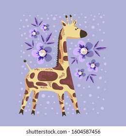 Vector image of a giraffe on a botanical background. Flat illustration of african animals. Tropical plants, leaves and flowers made in the Scandinavian style. Wildlife Africa in doodle style.