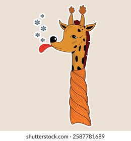 Vector image of a giraffe. Giraffe in a scarf tries snowflakes. New Year vector. Cute sticker with a giraffe