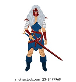 Vektorbild eines Mädchens in Rüstung, Maske und mit einem Schwert. Blonde Fee. Schneekönigin. Fantasy-Ritter. Amazonas. Die Zeichnung für Design. Farbtätowierung. Vektorgrafiken für T-Shirt-Druck.