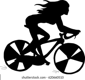 Vector image of girl athlete rides on a sports bike. Black and white silhouette.