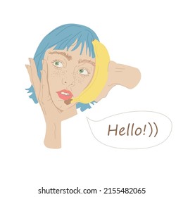 Vector image of a girl with a banana at her ear says hello
