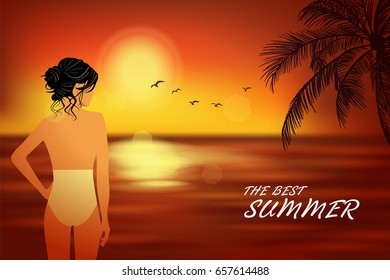 Vector image of girl at beach. Sunset landscape
