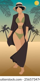 Vector image of a girl in a bikini walking along the beach. Summer. Hello summer. Poster, banner, flyer