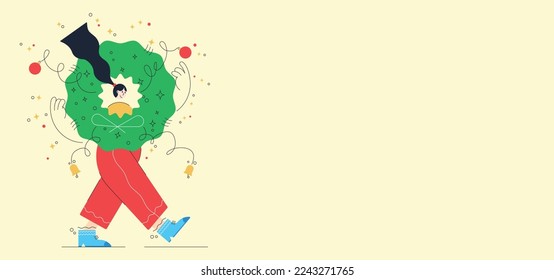 Vector image girl with black hair carries a green Christmas wreath. Here is a lot of empty space for text