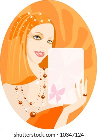 imagen vectorial de la chica con tarjeta en blanco para su información