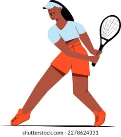 Vector image, a girl in a blue-green T-shirt and red shorts plays tennis