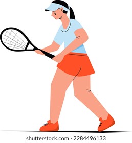 Vector image, a girl in a blue-green T-shirt and red shorts plays tennis