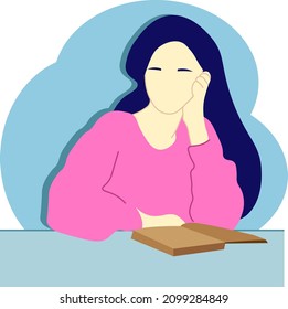 vector image of a girl bored by a book