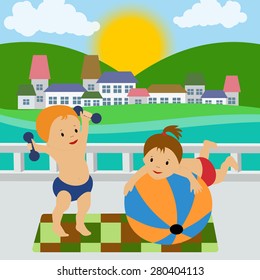 Vector image. The girl and the boy are doing exercises in the summer