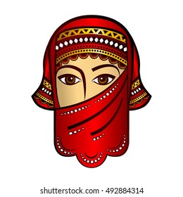 Vector image of a girl - the bride in national costume, veil, a Turkish wedding. Hamsa hand. Hand of Fatima