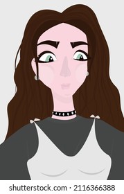 Vector image of a girl with brown long wavy hair. Illustration of a girl in a T-shirt. Design for postcards, posters, backgrounds, avatars, textiles, templates.