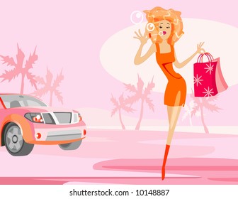 imagen vectorial de niña y auto