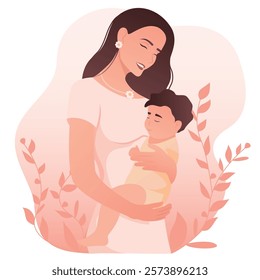 Vector image of a girl with a child. Concept of motherhood and family with a child. Element for design