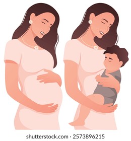 Vector image of a girl with a child. Concept of motherhood and family with a child. Element for design