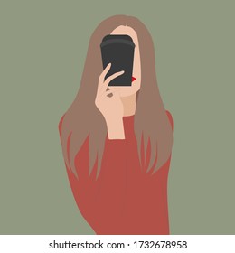 Imagen vectorial de una chica con una taza de café en un estilo plano. Para crear ilustraciones elegantes, postales, estuches de teléfono, carteles y estampados de ropa, afiches para cafeterías