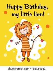 vector image of girl in costume of a lion, the zodiac sign Leo, postcard