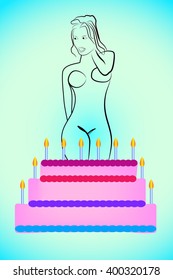 Vector image of a girl dancer strip of cake. Flat line drawing. Bright background. For design, banners, presentations, advertising. Blue background