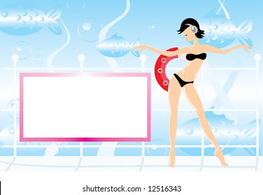 Vektorbild von Mädchen, die auf Deck des U-Bootes tanzen.