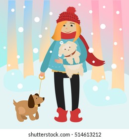 Vector image of girl with dogs